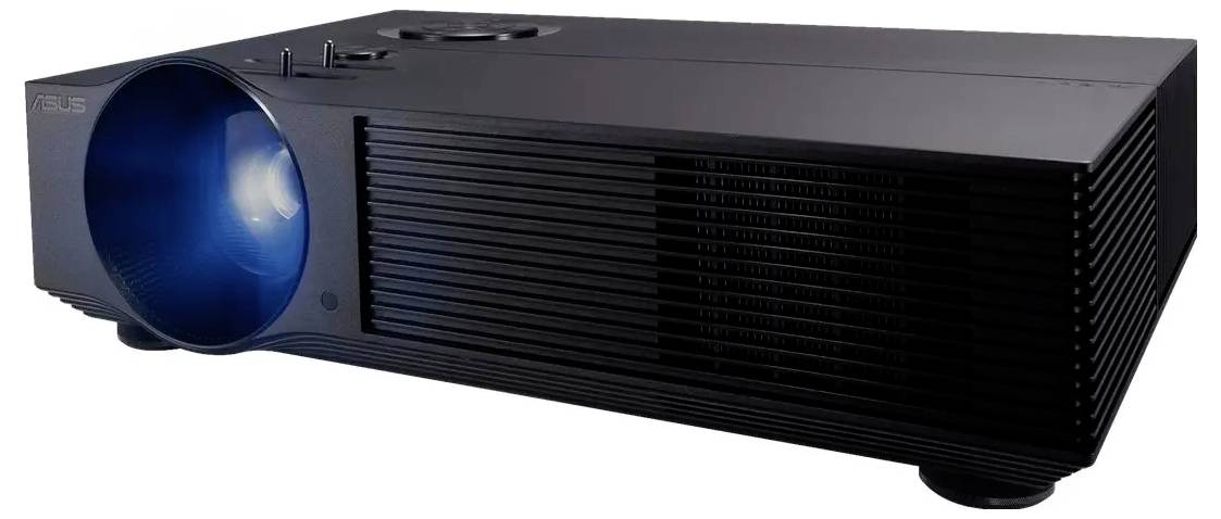 Een zwarte multimediaprojecter wordt weergegeven die een blauw licht projecteert, wat aangeeft dat hij is ingeschakeld en klaar voor gebruik.