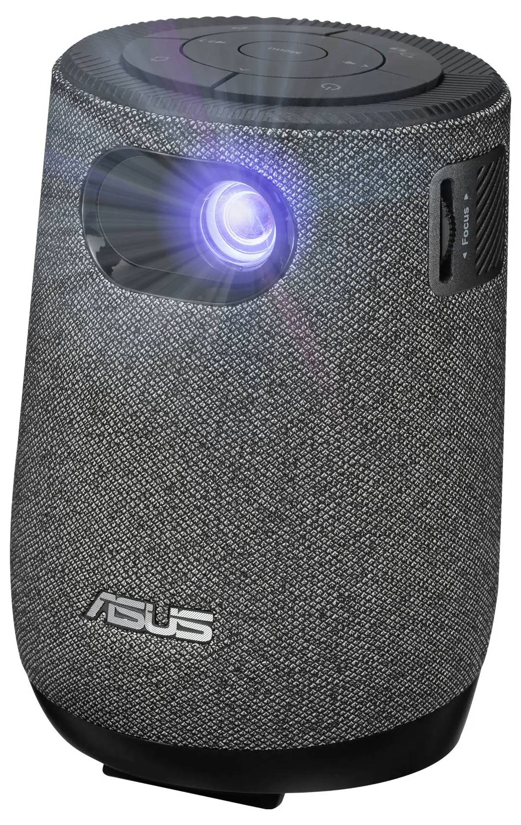 Een draagbare, grijze Asus-projector met een stoffen textuur, die blauw licht projecteert. De bovenkant beschikt over bedieningsknoppen.