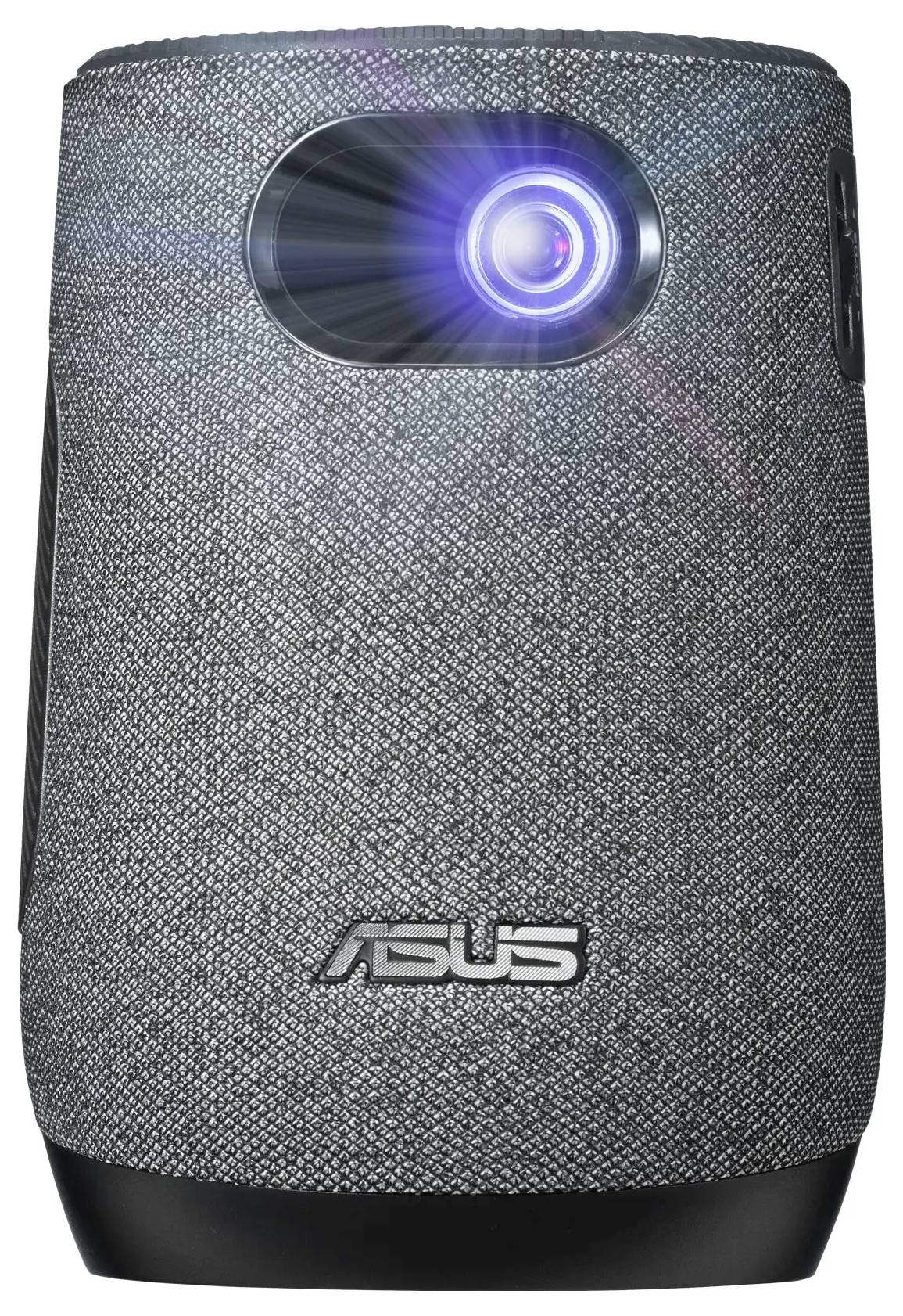 Een grijze ASUS-projector met een gestructureerde stoffen afwerking projecteert een blauw licht.