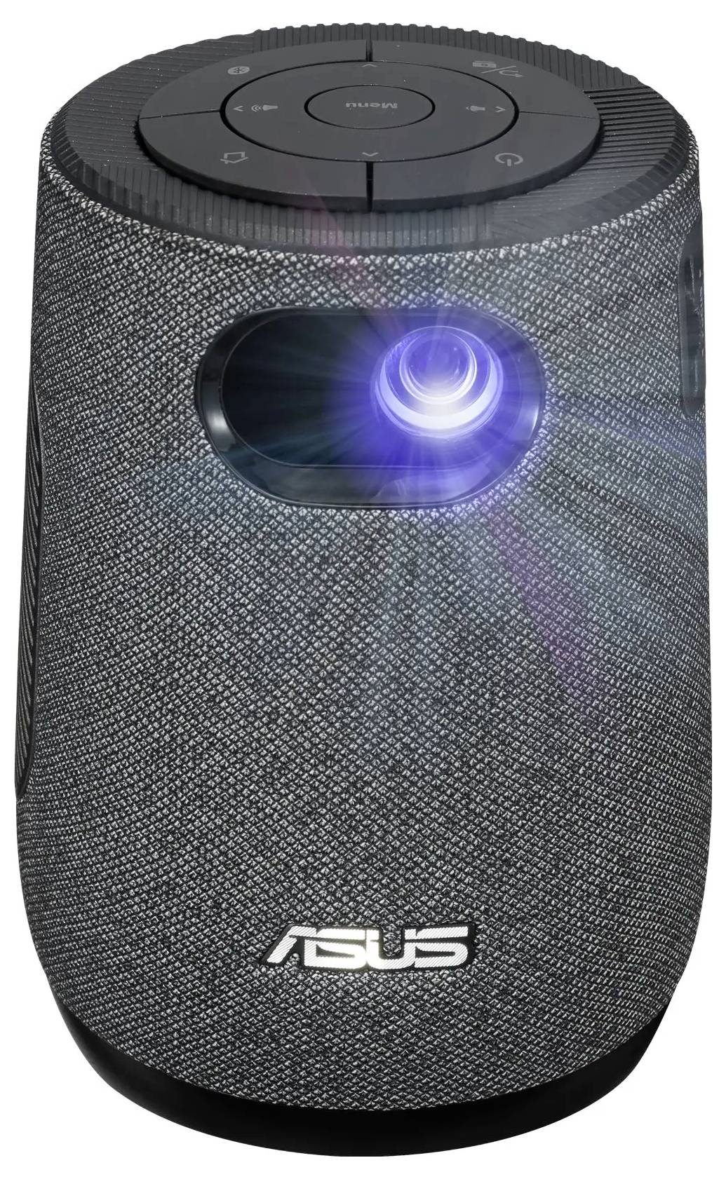 Een tafelmodel cilindrische projector met een stoffen buitenkant, die een helder blauw licht uitstraalt, met het 'ASUS'-logo onderaan.