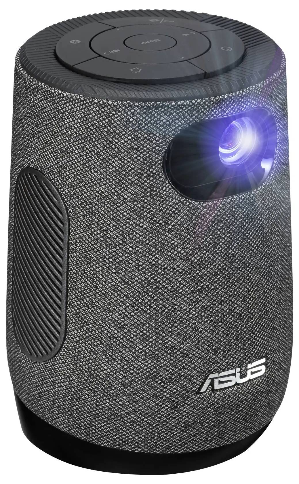 Een draagbare zwarte en grijze speaker met bedieningsknoppen bovenop en een kleine projectorlens die licht uitstraalt aan de voorkant.