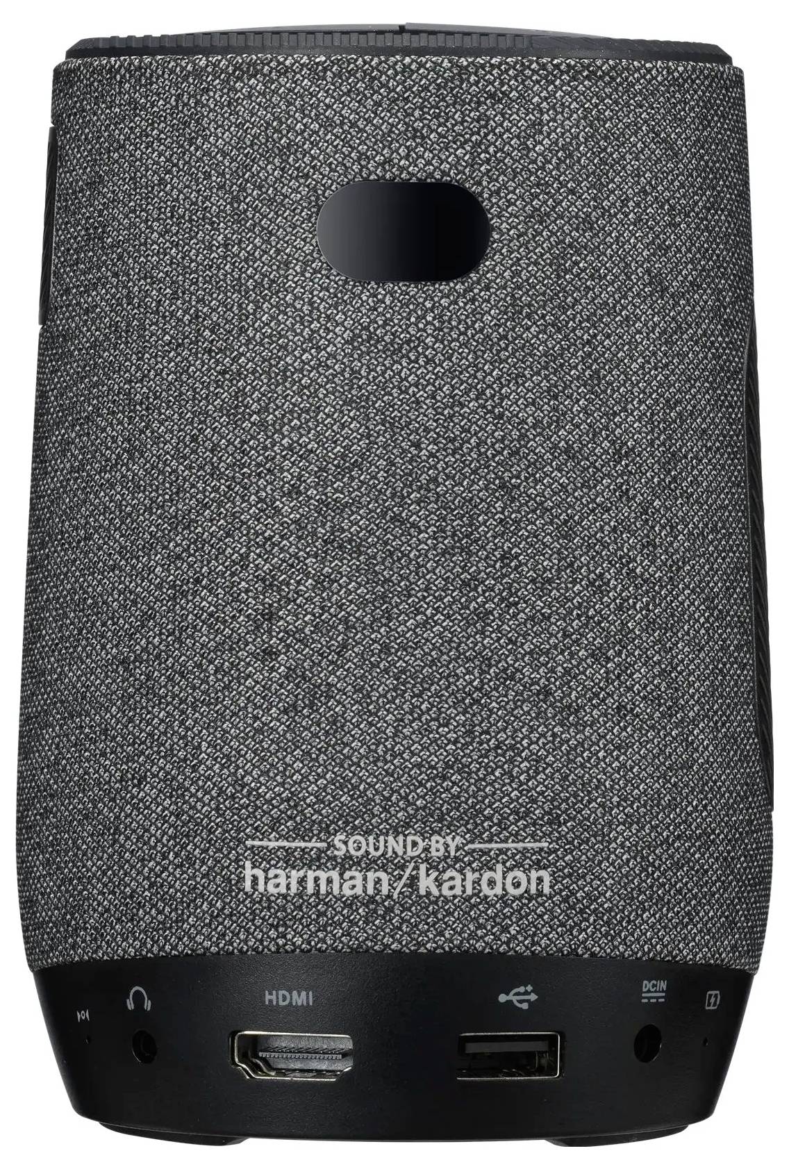 Een grijze, cilindrische slimme speaker met 'Sound by Harman/Kardon' gedrukt op de voorkant, voorzien van een stoffen exterieur en verschillende inputpoorten.