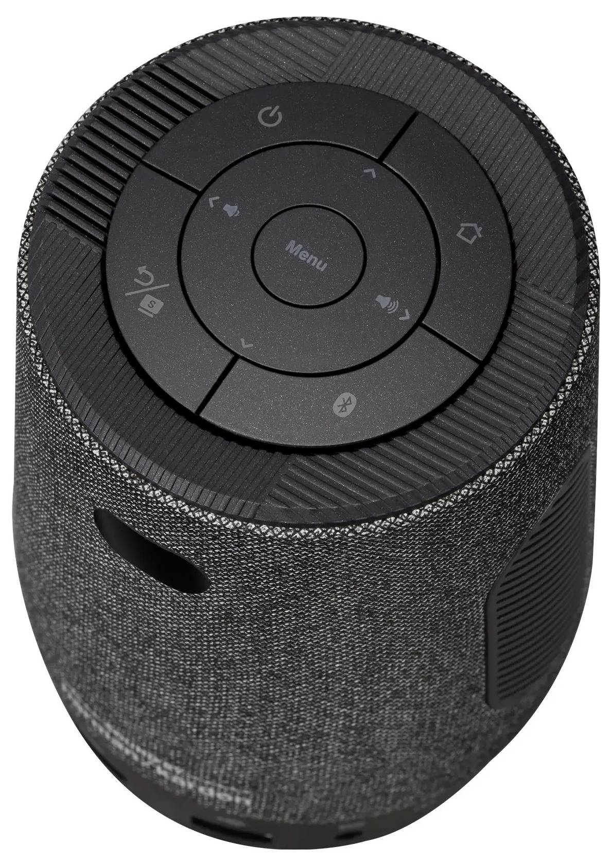 Een cilindrische grijze Bluetooth-speaker met bedieningsknoppen bovenop, waaronder aan/uit-, menu-, afspeel- en volumeregelaars.