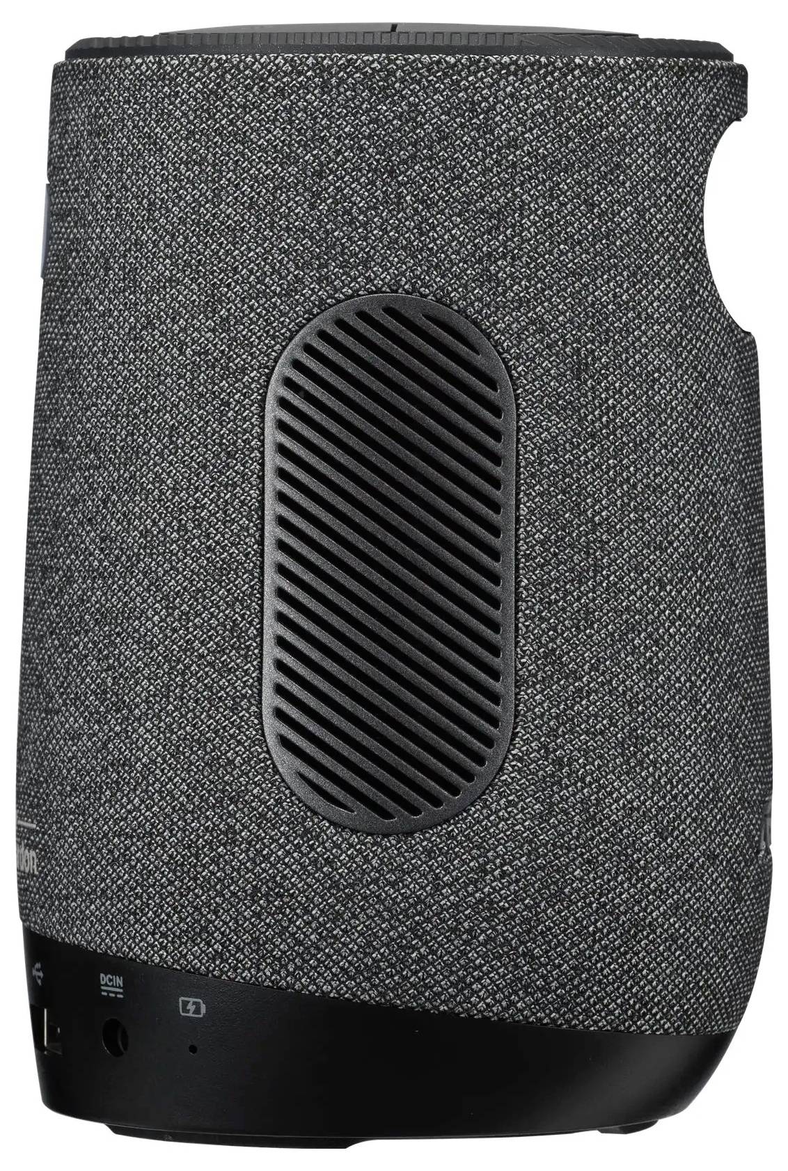 Een compacte, cilindrische slimme speaker met een stoffen buitenkant en een centrale ventilatieopening, ontworpen voor audioweergave en spraakbesturing.