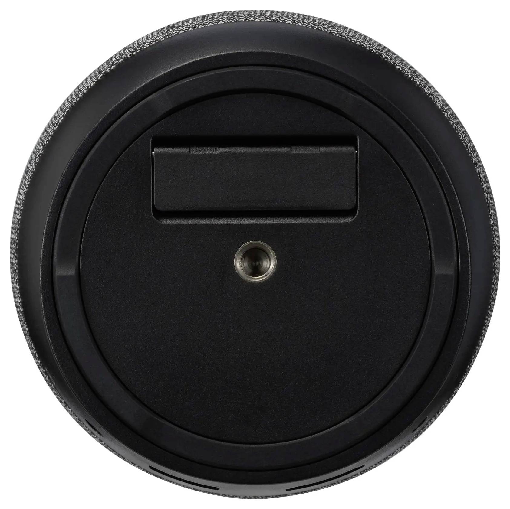 Bovenaanzicht van een ronde, zwarte draagbare Bluetooth-speaker met een stoffen hoes en bedieningsknoppen aan de zijkant.