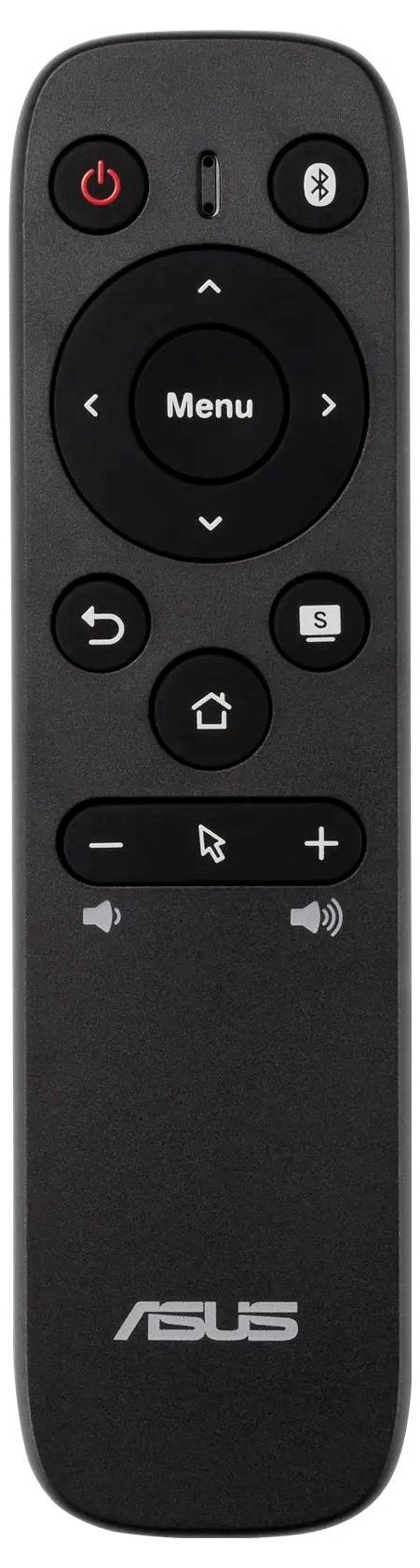 Een zwarte Asus afstandsbediening met knoppen voor aan/uit, menunavigatie, volume, home en mediafuncties.