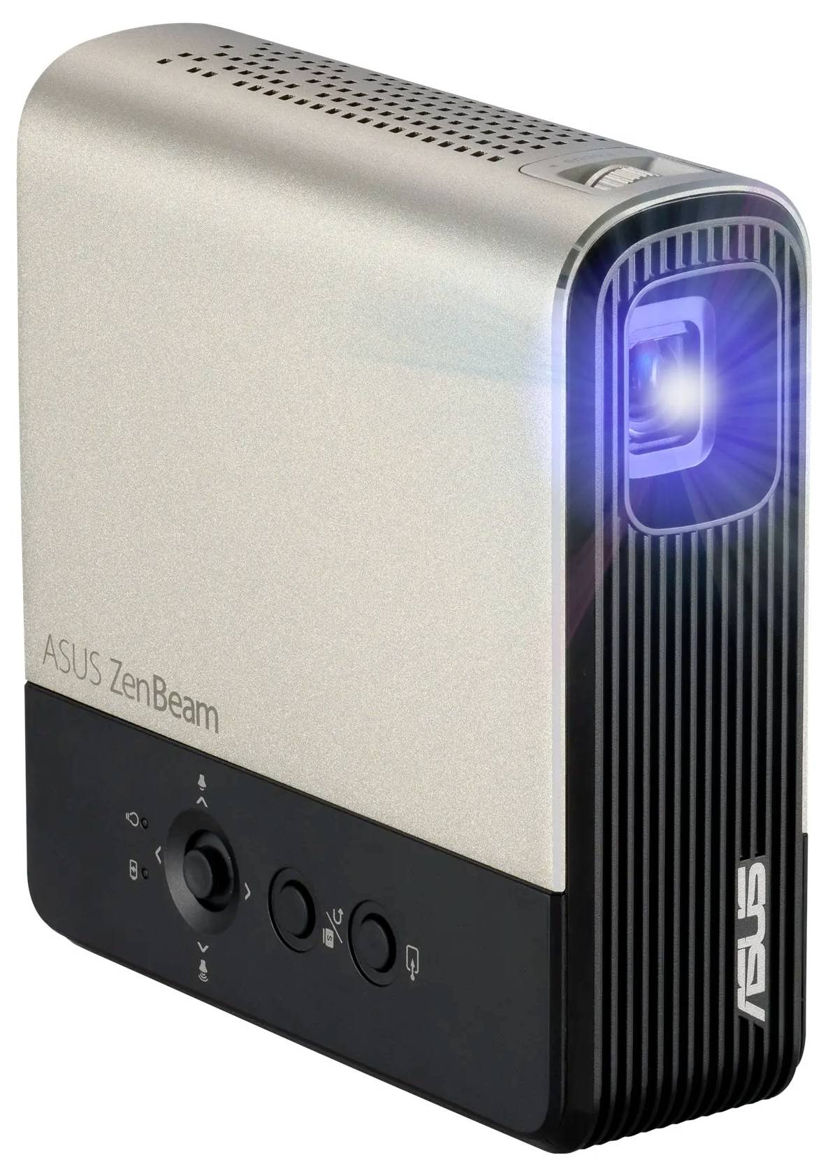 Een compacte, rechthoekige projector met 'ASUS ZenBeam' tekst, waarbij een blauw licht wordt uitgezonden vanuit de lens aan de rechterkant van het apparaat.