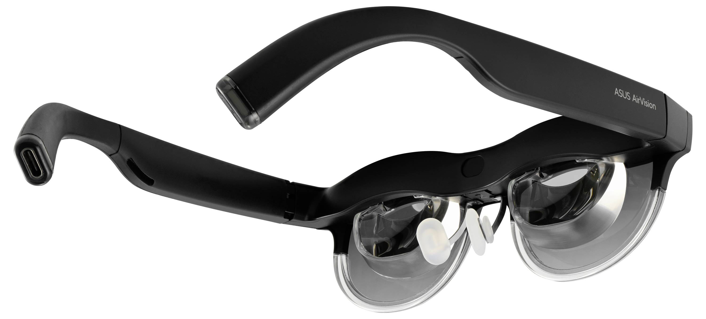 Slimme bril met zwarte monturen en transparante lenzen, voorzien van pootjes met geïntegreerde elektronica voor augmented reality-functies.