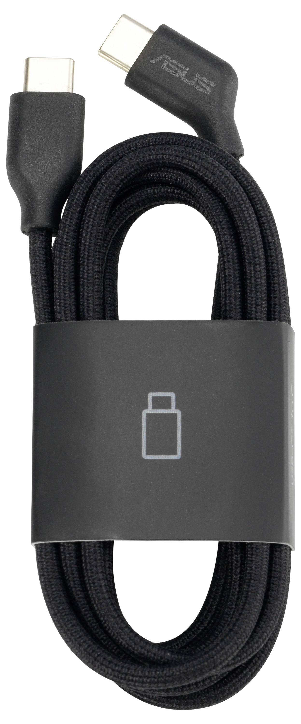 Een opgerolde zwarte USB-C oplaadkabel met een zwarte band, voorzien van een eenvoudig pictogram van een batterij op de band.