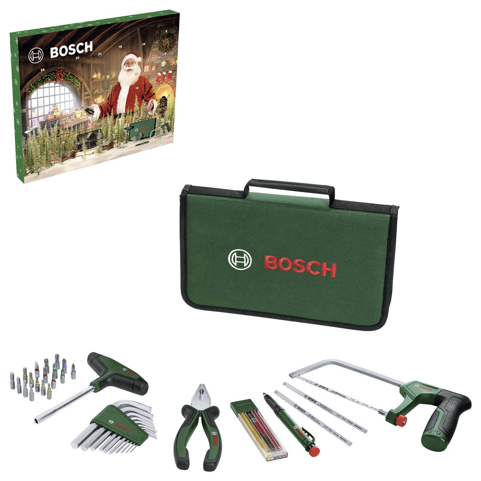 Bosch gereedschapsset adventskalender cadeau' met een doos met een kerstman-ontwerp en een set mini Bosch-gereedschappen zoals schroevendraaiers en tangen.