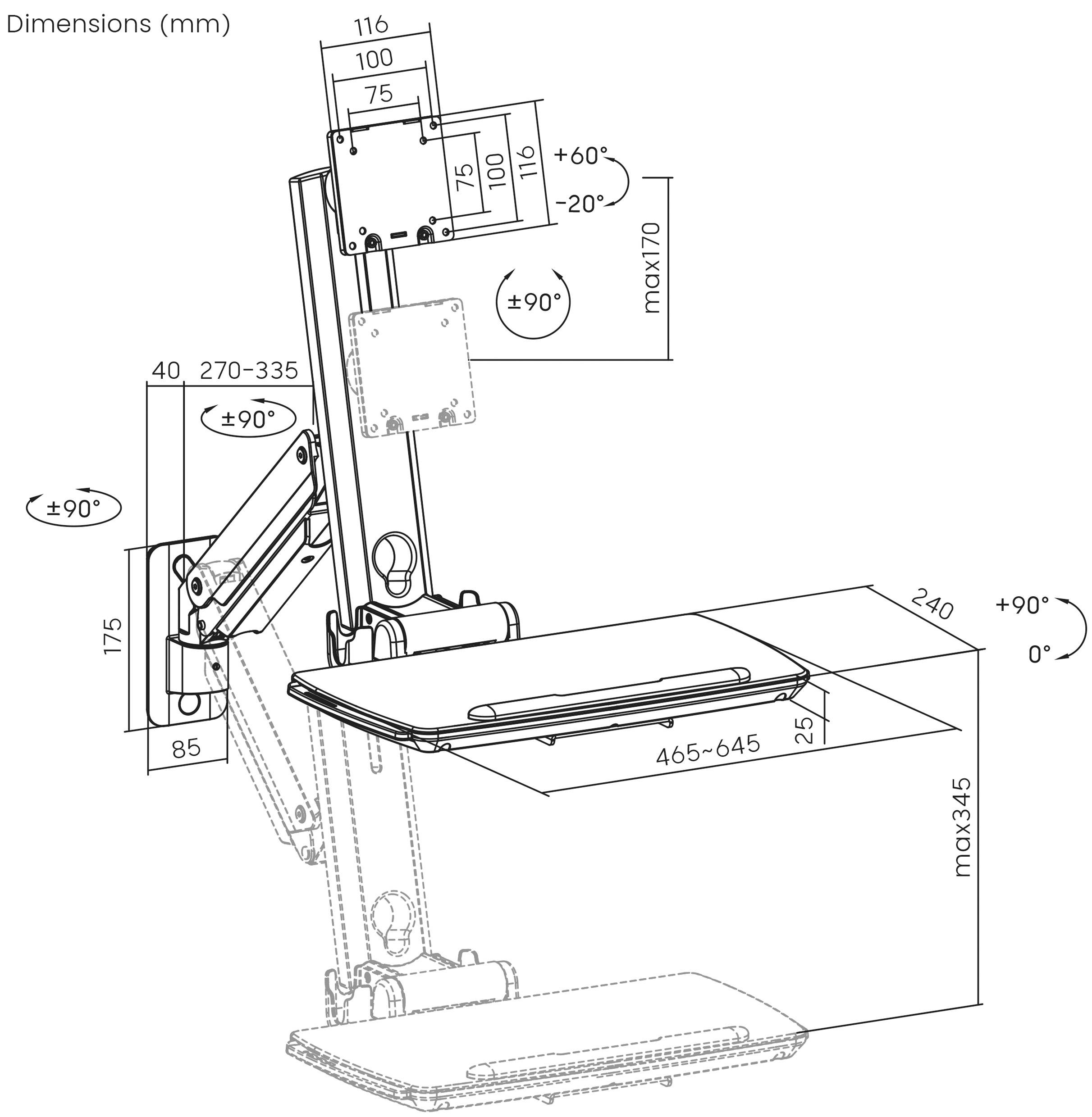 'Afmetingen (mm)' technische tekening van verstelbare bureauarm, met weergave van maximaal bereik en hoeken voor hoogte-, diepte- en kantelverstelling.