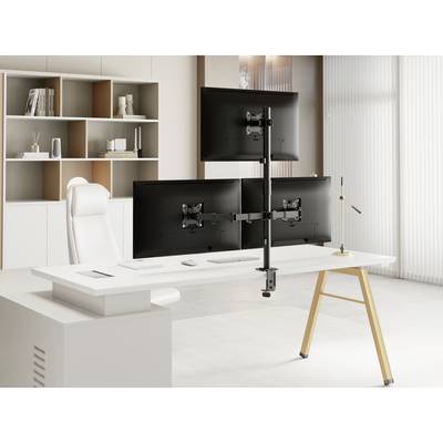 Een moderne, minimalistische kantooropstelling met een wit bureau, twee gestapelde monitors op een steun, en een witte ergonomische stoel, tegen een lichte achtergrond.