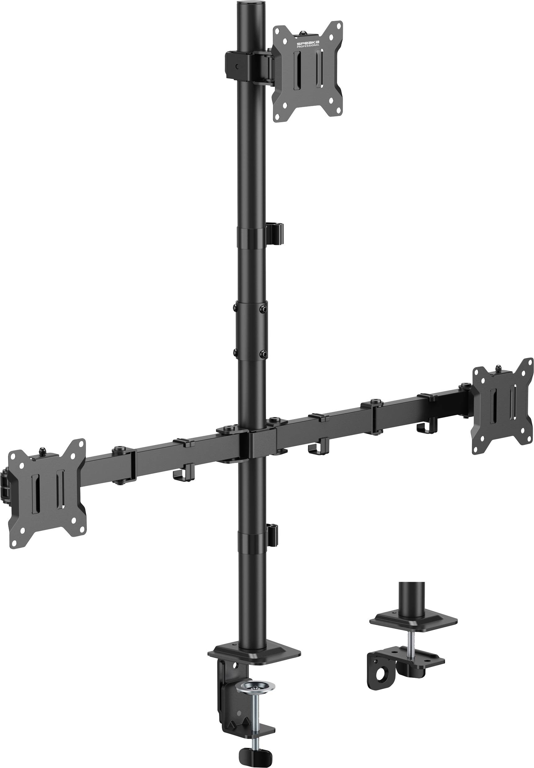 Een zwarte dubbele monitorstandaard met verstelbare armen en een klemvoet voor bevestiging op het bureau. Elke arm heeft een VESA-montagesteun voor schermbevestiging.