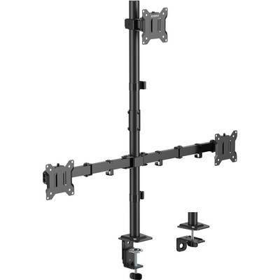 Een zwarte dubbele monitorstandaard met verstelbare armen en een klemvoet voor bevestiging op het bureau. Elke arm heeft een VESA-montagesteun voor schermbevestiging.