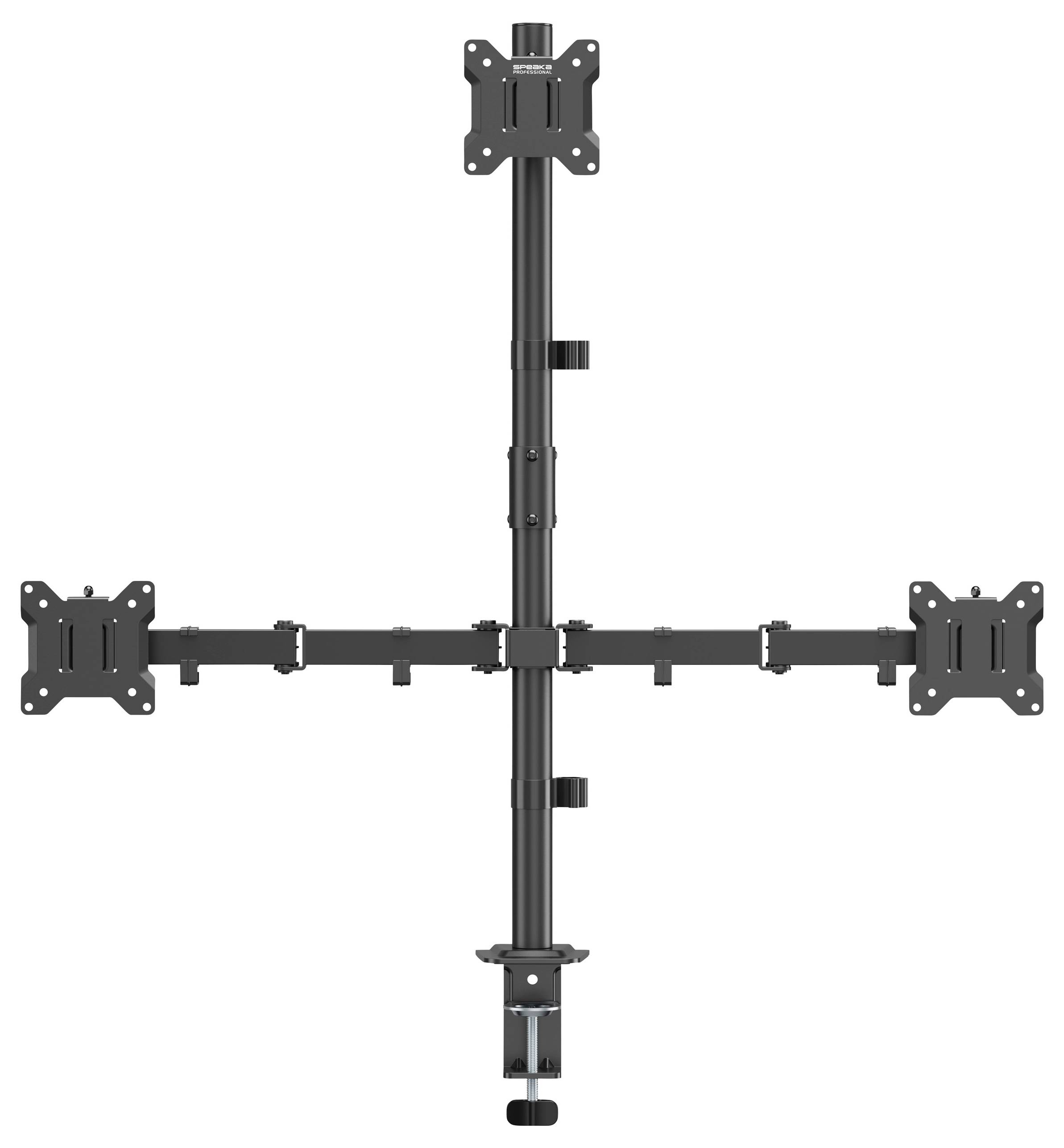 Een quad-monitorsteun met verstelbare armen voor vier schermen, ontworpen voor ergonomische werkplekopstellingen. Hij wordt bevestigd op een verticale paal met een klemvoet.