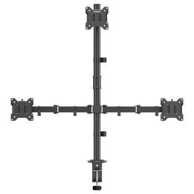 Een quad-monitorsteun met verstelbare armen voor vier schermen, ontworpen voor ergonomische werkplekopstellingen. Hij wordt bevestigd op een verticale paal met een klemvoet.