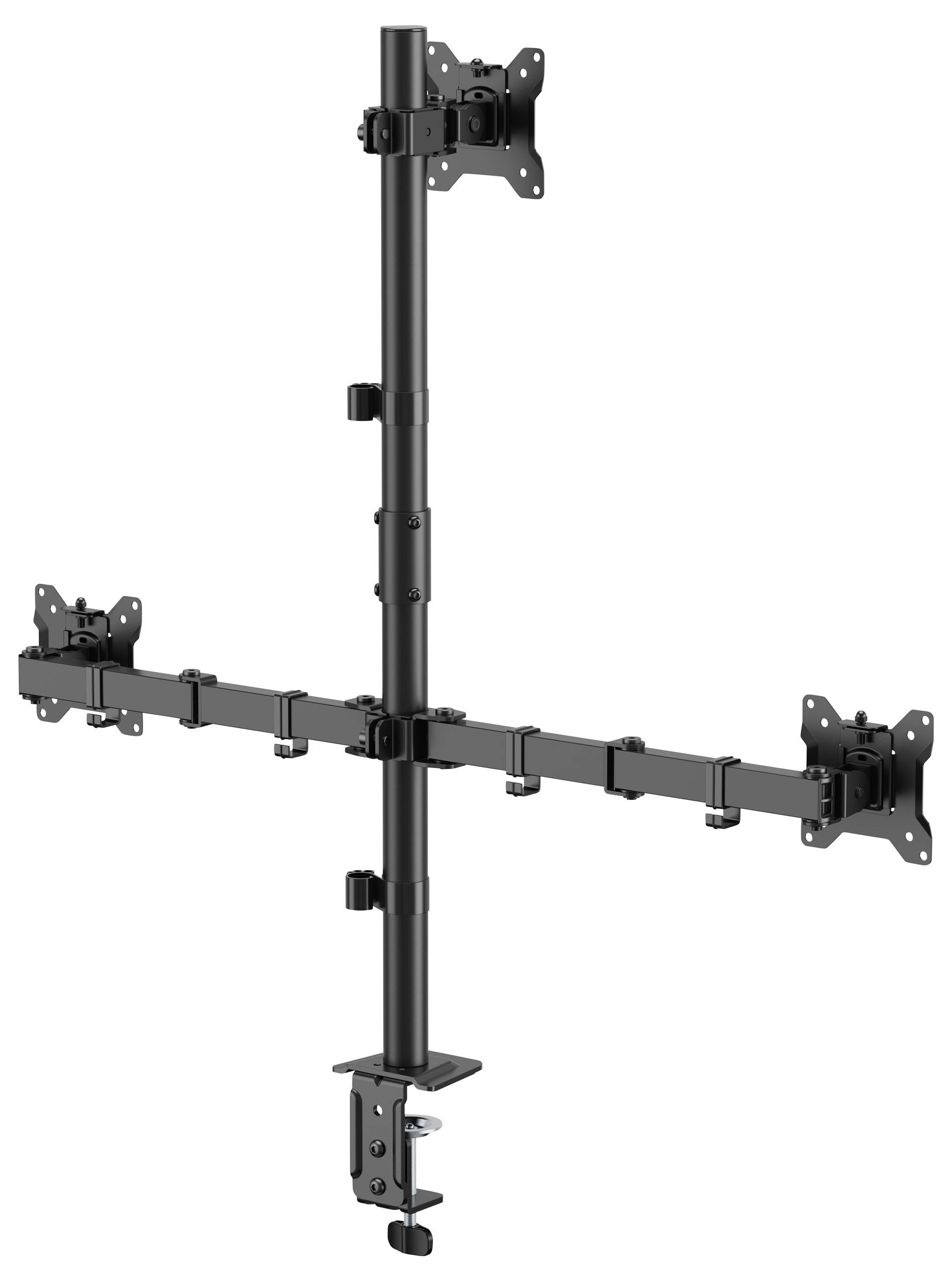 Een zwarte multi-monitorstandaard met verstelbare armen en klemmen, ontworpen voor het vasthouden van drie monitors in een verticale en horizontale configuratie.