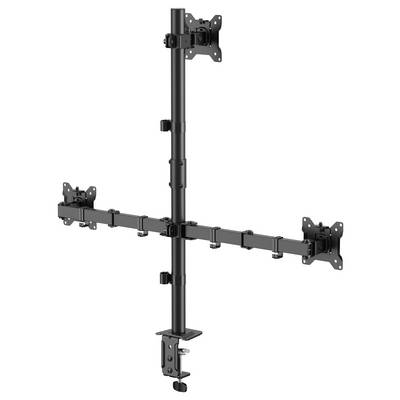 Een zwarte multi-monitorstandaard met verstelbare armen en klemmen, ontworpen voor het vasthouden van drie monitors in een verticale en horizontale configuratie.