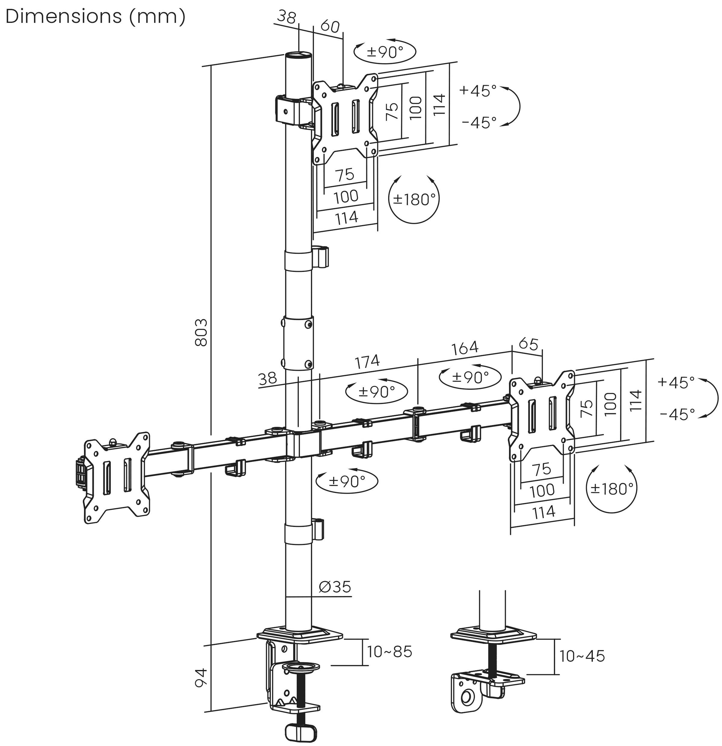'Diagram met afmetingen en verstelbare hoeken van een dubbele monitorsteun. Verticale paallengte 803 mm, armen verstelbaar van -90° tot +90°.'