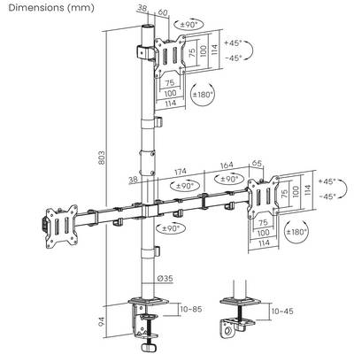 'Diagram met afmetingen en verstelbare hoeken van een dubbele monitorsteun. Verticale paallengte 803 mm, armen verstelbaar van -90° tot +90°.'