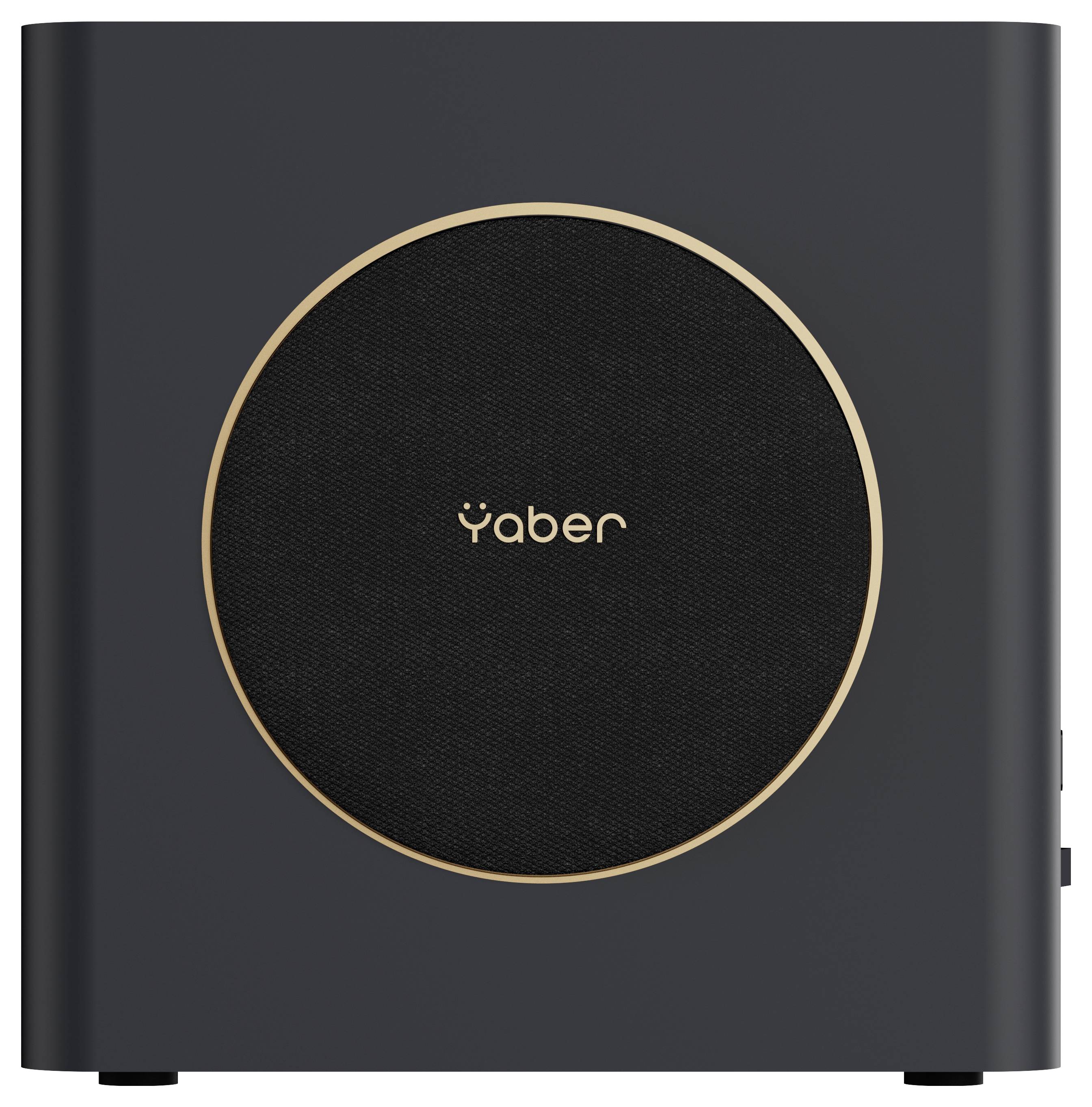 Een donkergrijze elektronische apparaat met een rond speakerrooster gelabeld 'Yaber' in het midden, omlijst met een goudkleurige ring.