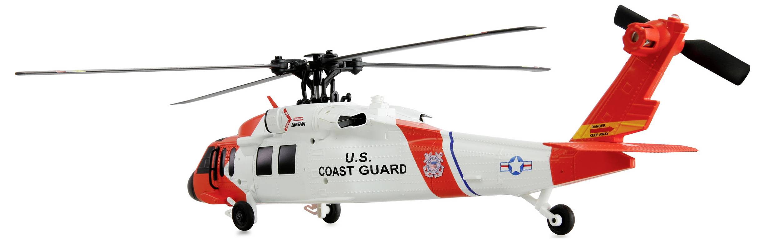 Model van een U.S. Coast Guard helikopter in wit en oranje kleuren, met officiële insignes en markeringen op de romp en staart.