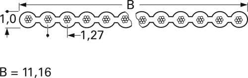 Diagram met een keten waarvan twee secties zijn gemeten: 1,0 en 1,27 eenheden uit elkaar. Totale kettinglengte aangegeven als B = 11,16 eenheden.