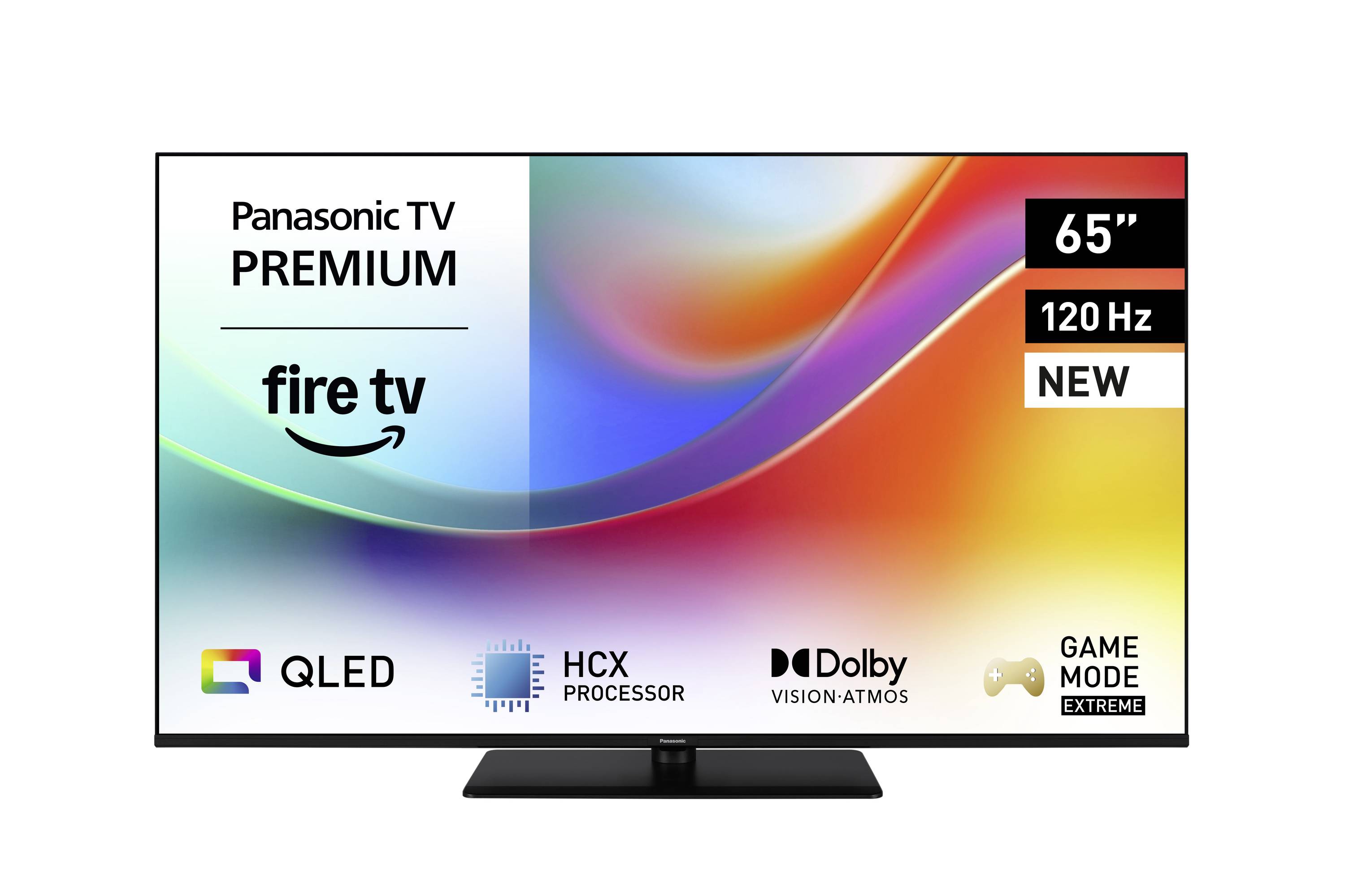 Een 65-inch Panasonic Premium TV met Fire TV-functies, 120 Hz verversingssnelheid. Inclusief QLED, HCX-processor, Dolby Vision Atmos, Game Mode Extreme.