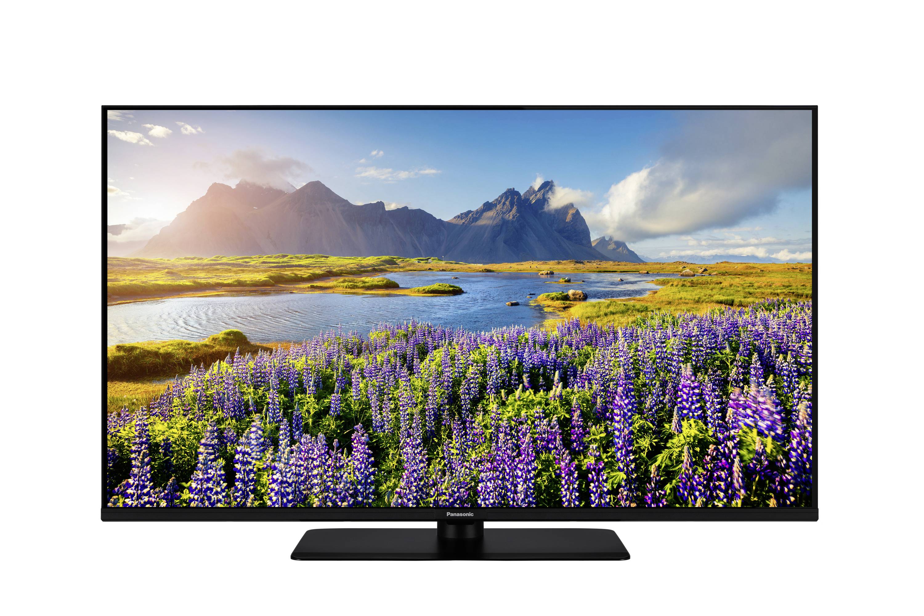 Een flatscreen-tv vertoont een levendig landschap met paarse bloemen, een spiegelend meer en bergen op de achtergrond onder een blauwe lucht.
