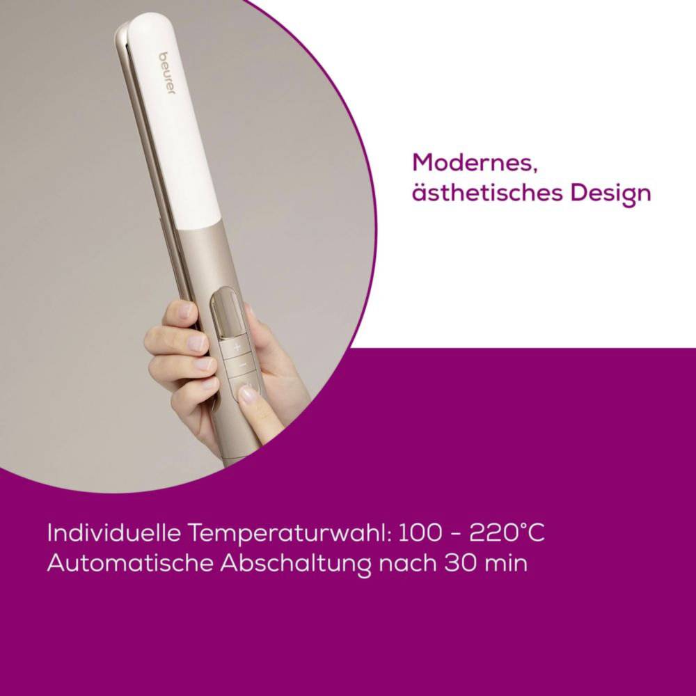 Hand die een slanke stijltang vasthoudt met het label 'Modern, esthetisch design'. Tekst vermeldt instelbare temperatuur van 100°C tot 220°C.