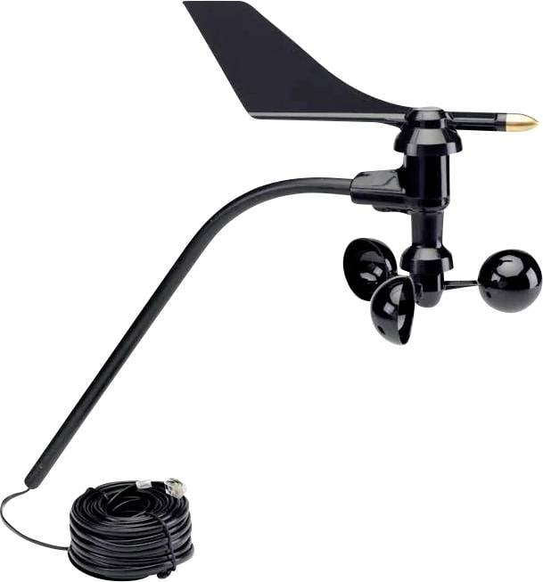 Een zwarte anemometer met drie kopjes en een windvaan, ontworpen voor het meten van windsnelheid en -richting, met een opgerolde kabel eraan bevestigd.