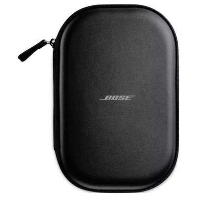Een zwarte Bose draagtas met rits, ontworpen voor het opbergen van koptelefoons.