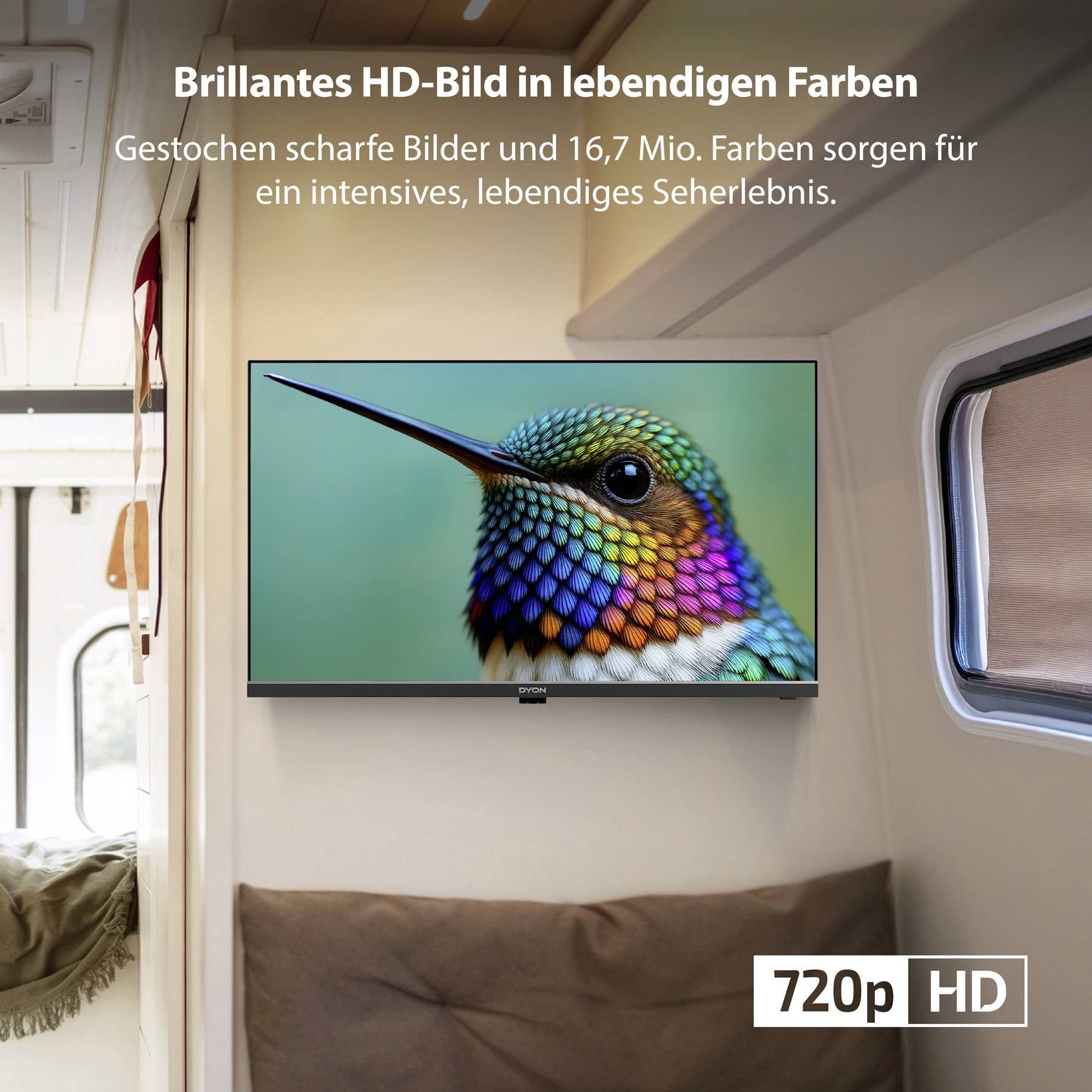 Een flatscreen-tv vertoont een levendige close-up van een kleurrijke kolibrie. Tekst benadrukt de scherpe beelden en levendige kleuren van de tv, gelabeld als '720p HD'.