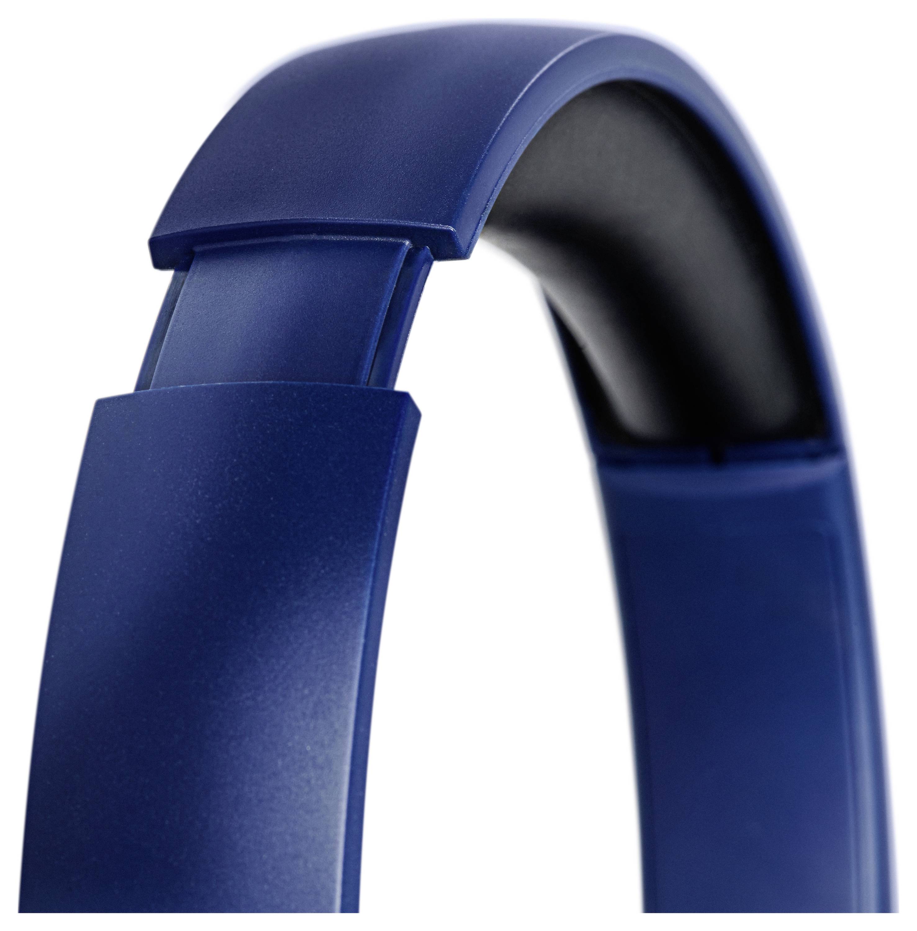 Blauwe over-ear koptelefoon hoofdband, met de nadruk op de soepele curve en matte afwerking, zonder de oorschelpen of audiofuncties te tonen.