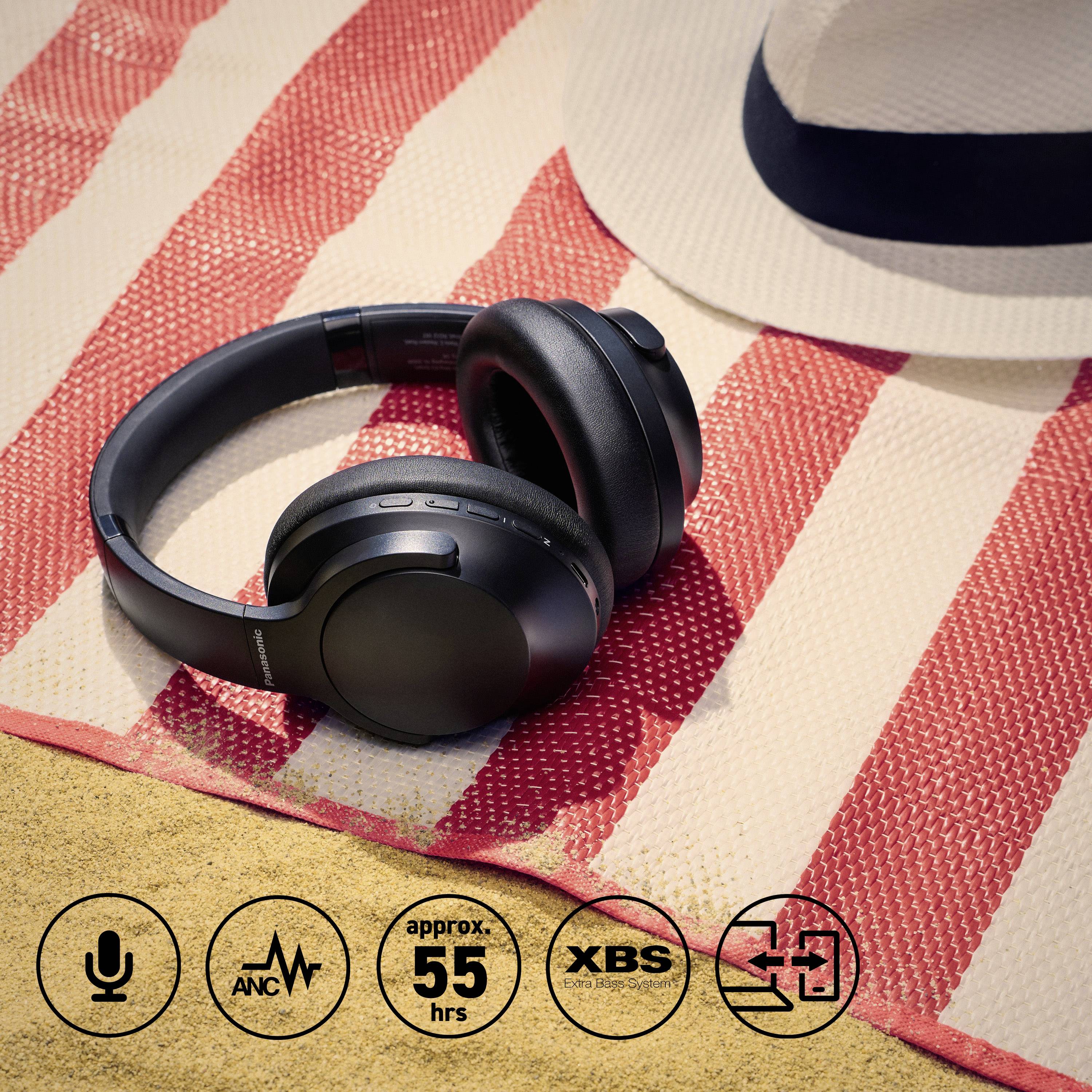Zwarte draadloze koptelefoon op een rood-wit gestreepte strandmat, naast een beige zonnehoed. Pictogrammen geven functies weer zoals ANC en een batterijduur van 55 uur.