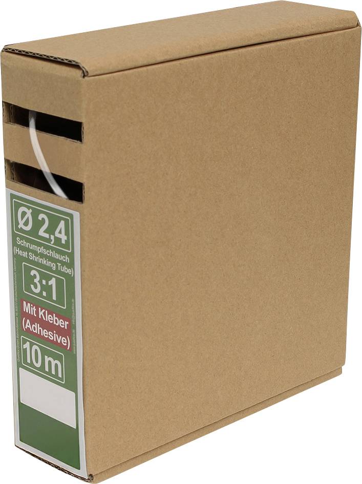 Een bruine kartonnen doos met een 10 meter lange rol van 2,4 mm warmtekrimpkous met lijmlaag, aangegeven door een groen-wit etiket.