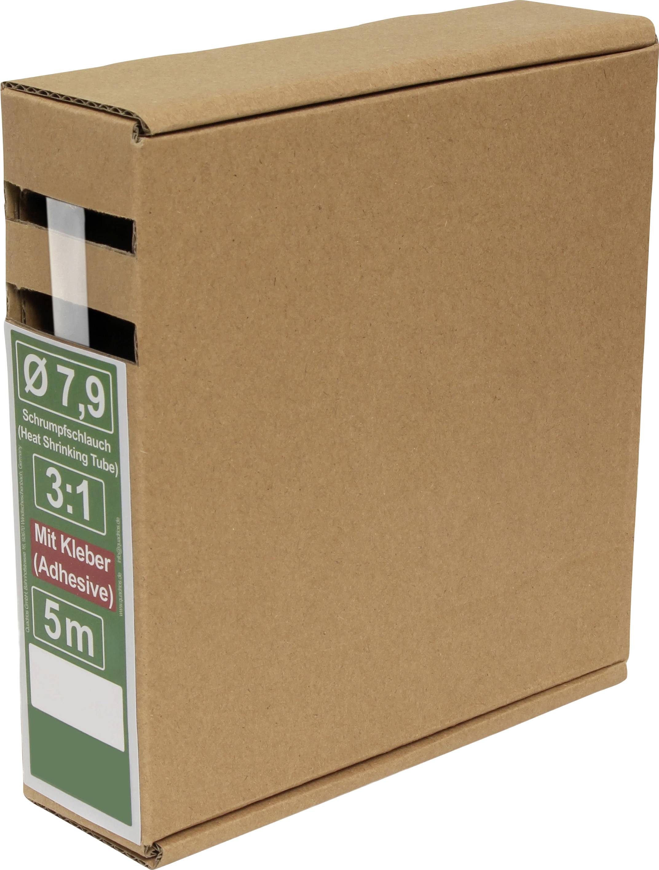 Een kartonnen doos met een krimpkous, geëtiketteerd met 'Ø 7.9', '3:1', 'Met lijm (Adhesive)' en '5m'.