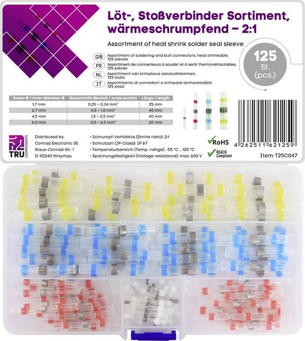 TRU COMPONENTS T25C047 Stootverbinder Met krimpkous 0.25 mm² 6.0 mm² Volledig geïsoleerd Wit, Rood, Blauw, Geel 125 stuk(s)