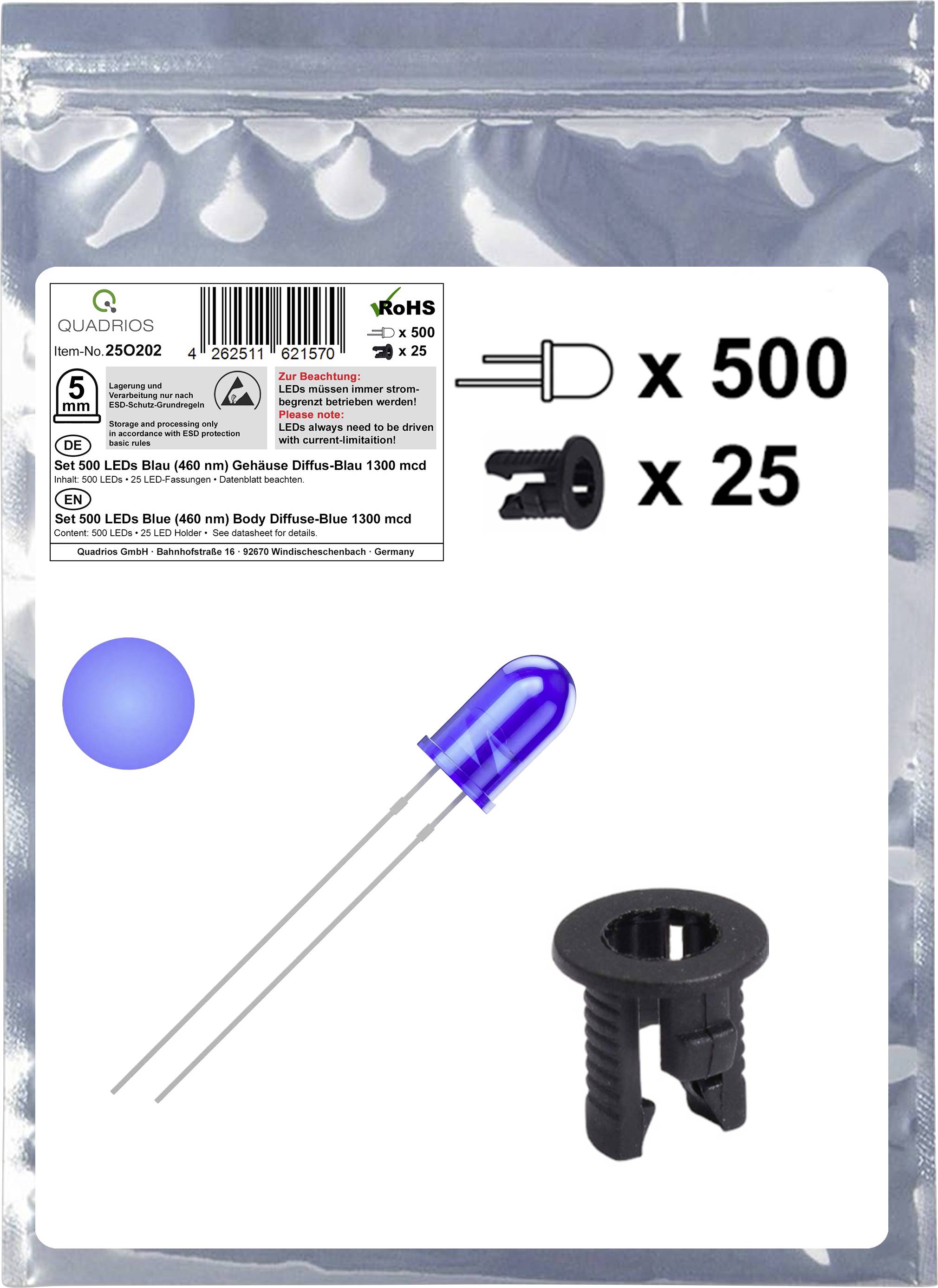 'Quadrios LED-pakket', bevat 500 blauwe LED's en 25 houders, modelcode 250292. Bevat een productafbeelding en specificaties.