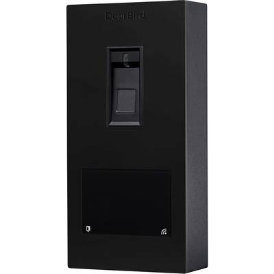 Een zwarte DoorBird intercomsysteem met een camera en speaker, voorzien van een vingerafdrukscanner en een Wi-Fi-verbindingsindicator onderaan.