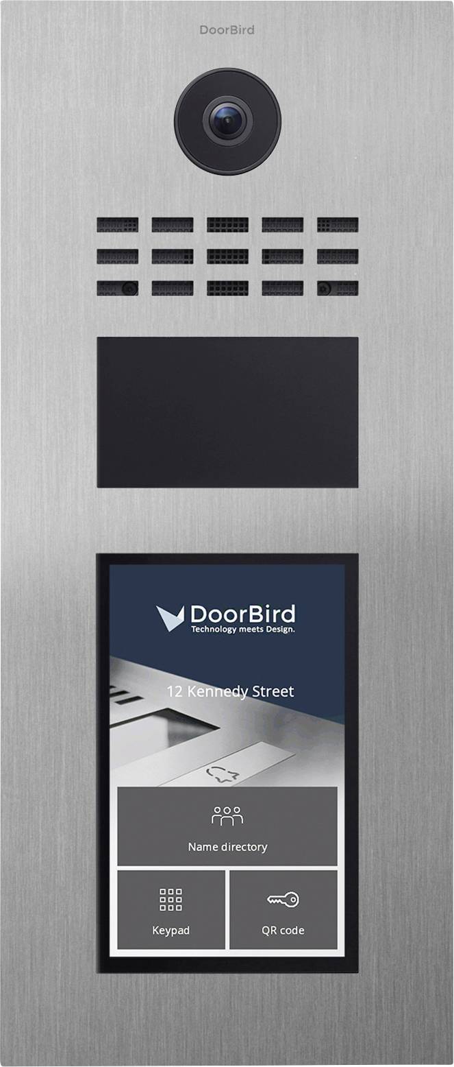 Deurtoegangssysteem met camera, speaker en touchscreen met 'DoorBird' interface. Toont opties voor namenlijst, toetsenblok en QR-code.