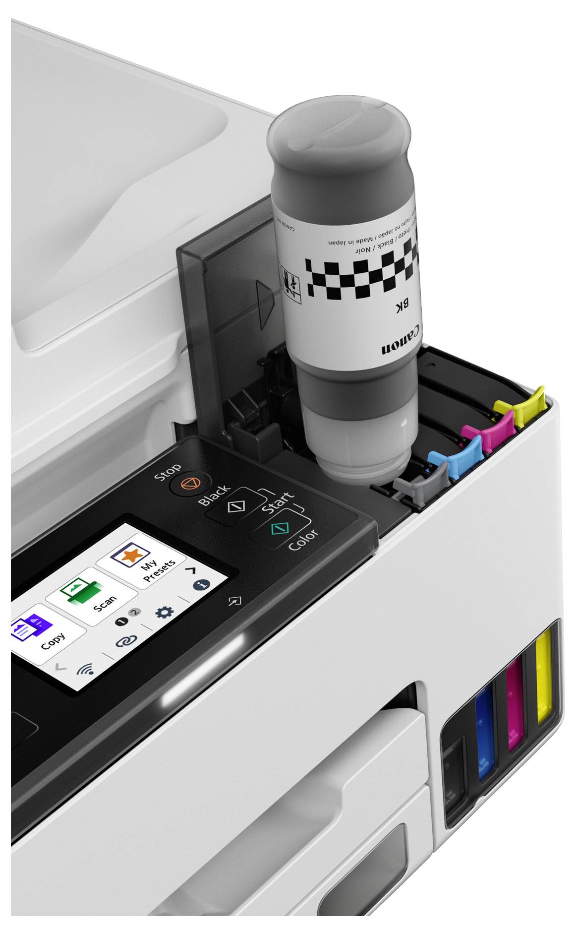 Printer met een zichtbare inktnavultank en een touchscreendisplay waarop kopieer-, scan- en afdrukmogelijkheden worden weergegeven.