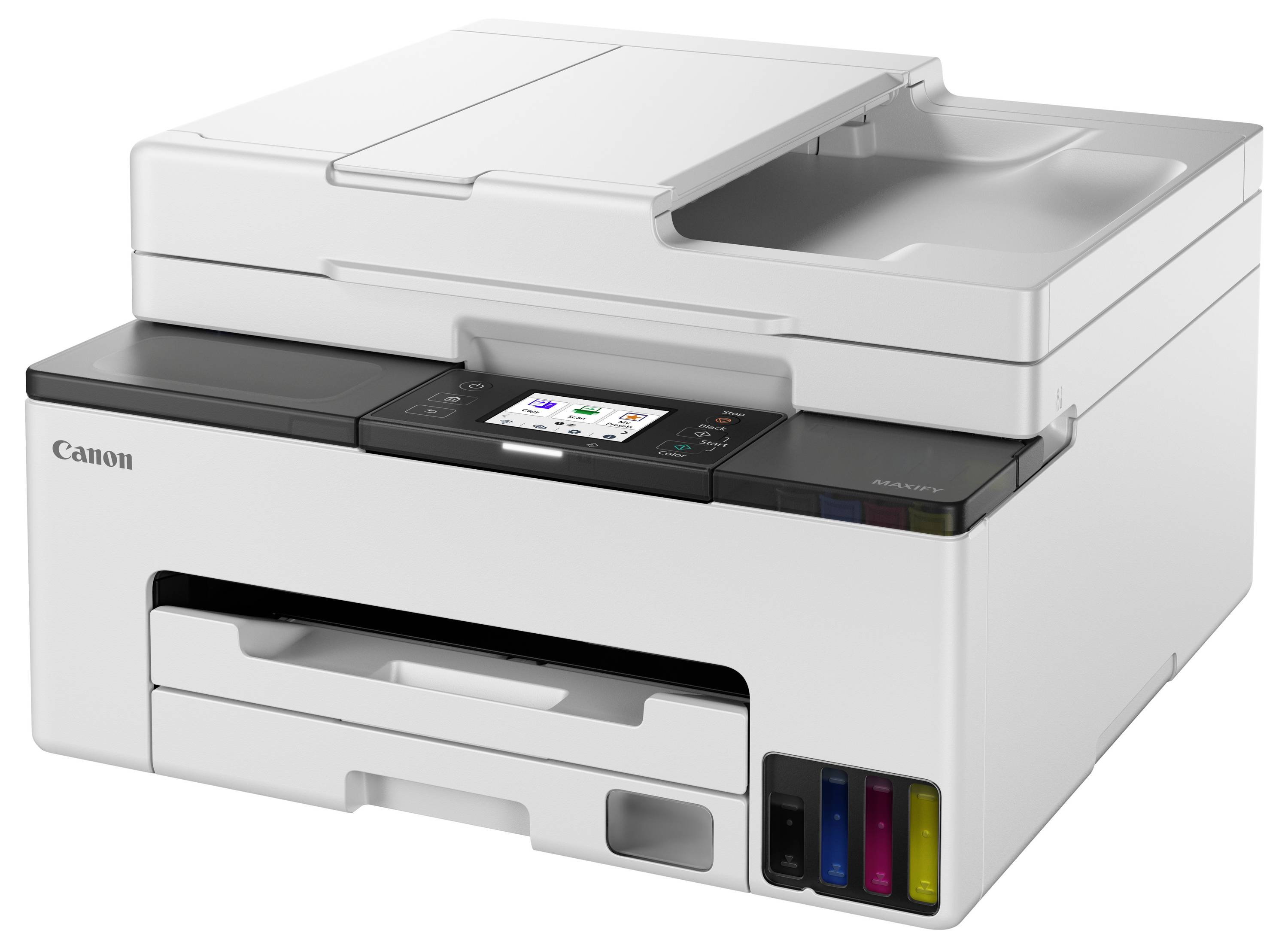 Een witte multifunctionele printer met een touchscreendisplay en zichtbare inktreservoirs aan de voorkant, geschikt voor afdrukken thuis of op kantoor.