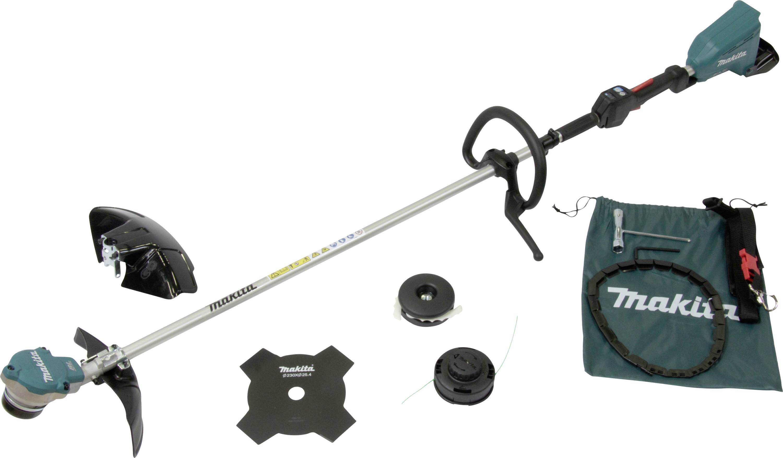 Een Makita accu-bosmaaier set met toebehoren, inclusief een mes, spoel, beschermkap en draagtas, gerangschikt op een witte achtergrond.