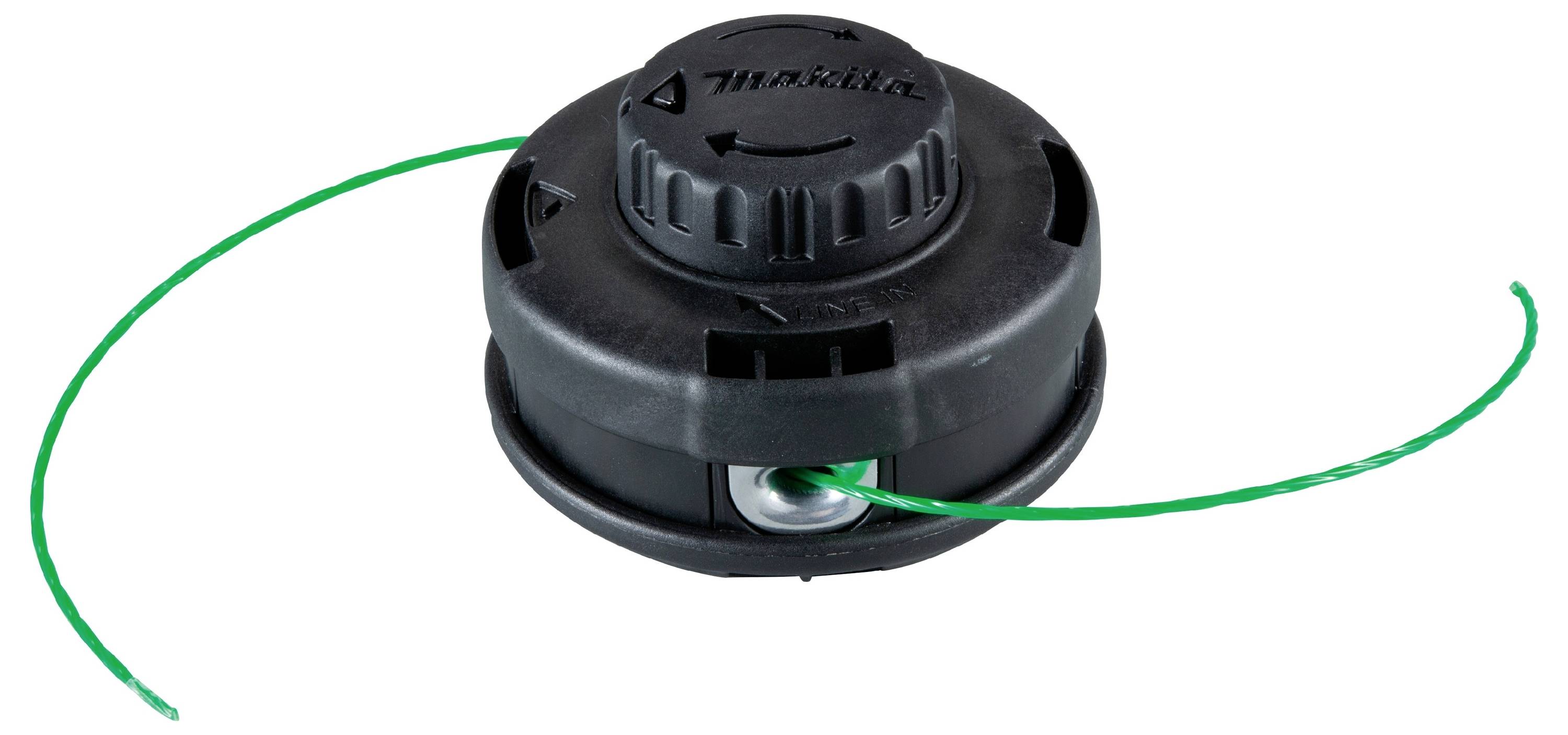 Een zwarte trimmerknop met groene snijlijnen die aan de zijkanten uitsteken, gebruikt voor het trimmen van gras.