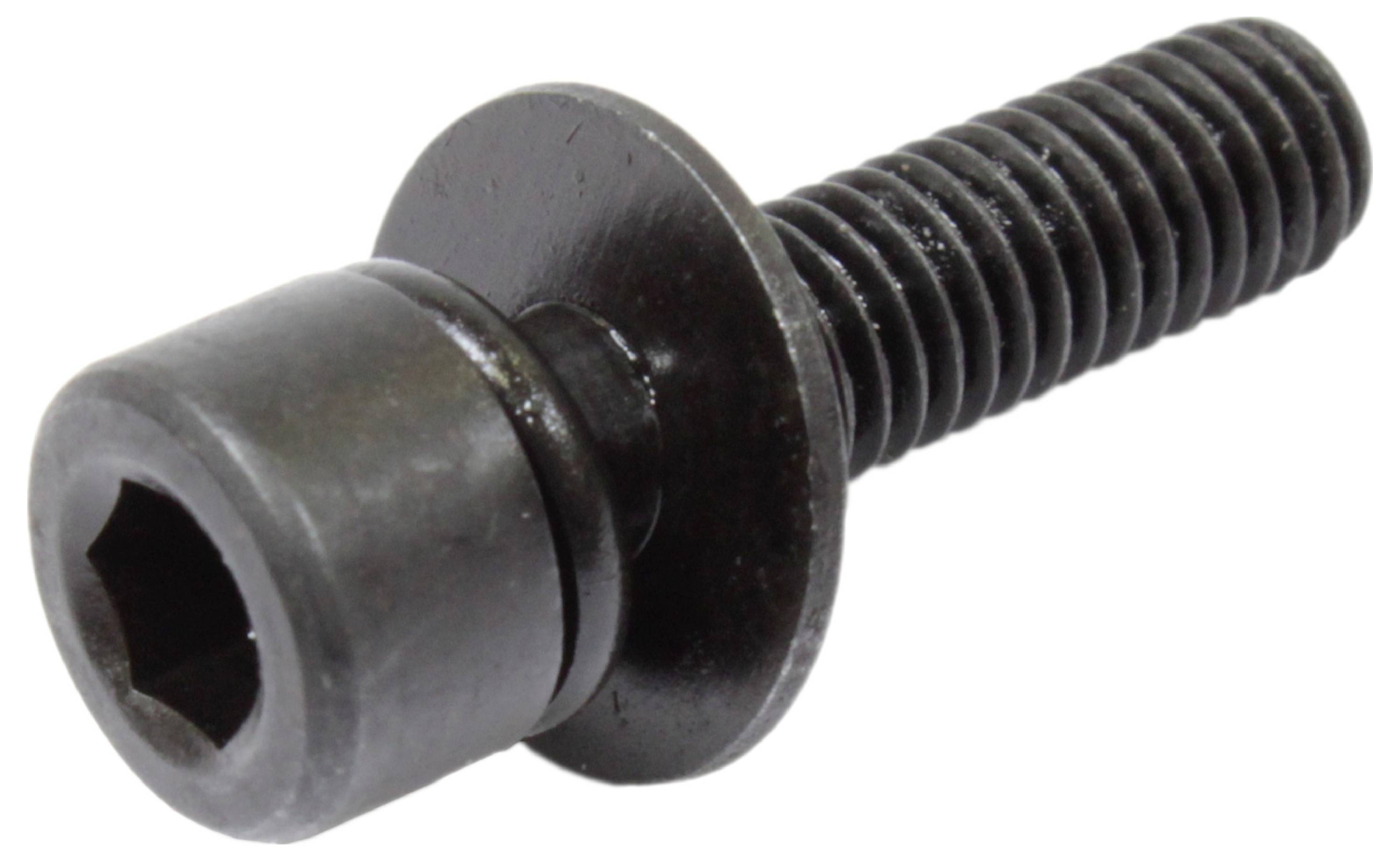 Een zwarte zeskantbout met inbus, voorzien van een ronde sluitring, met draadgroeven en een gladde, gepolijste oppervlakte, gebruikt voor het bevestigen van onderdelen.