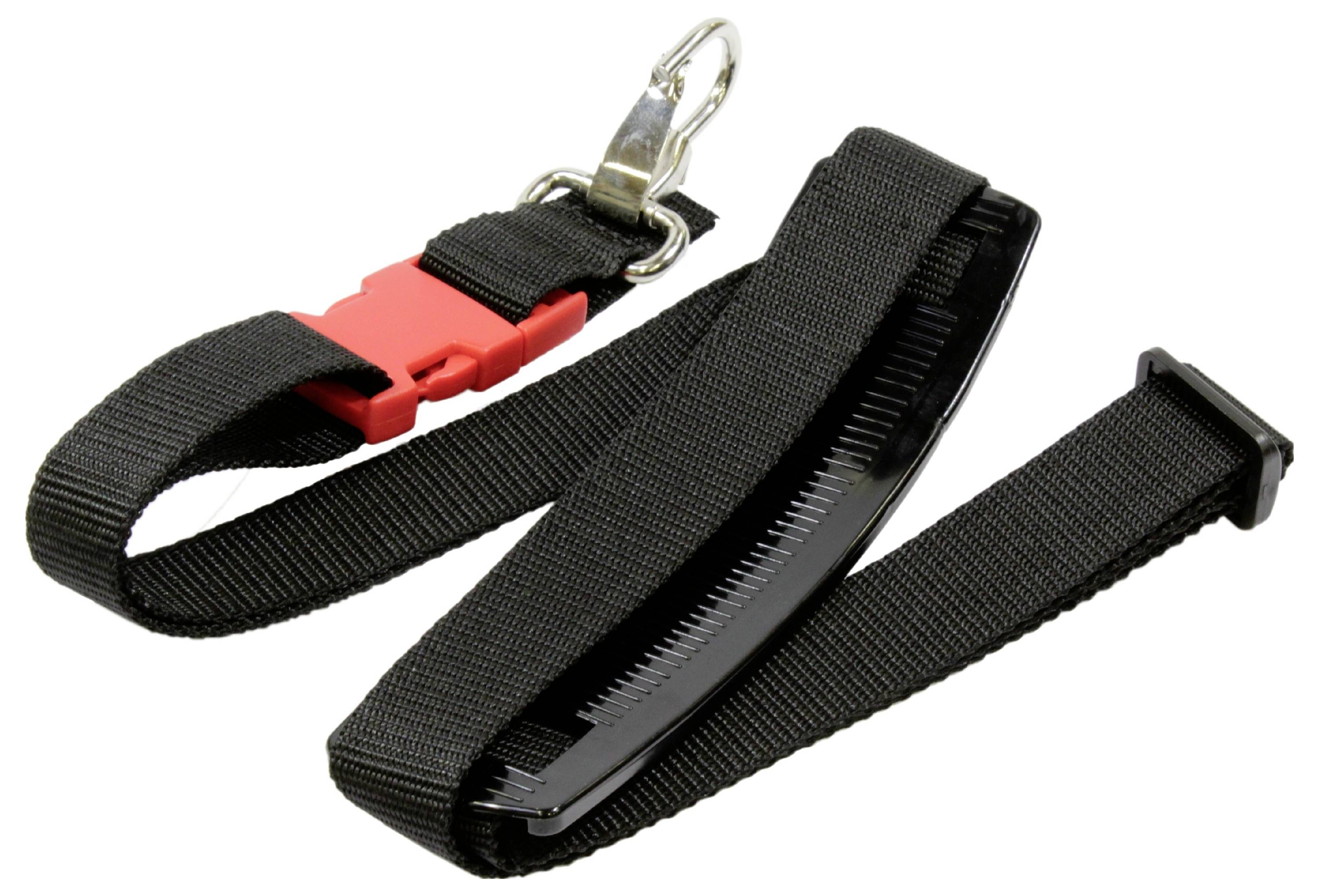 Een zwarte polsband met een rode kunststof gesp en een metalen clip, ontworpen voor het veilig dragen van identiteitskaarten of sleutels.