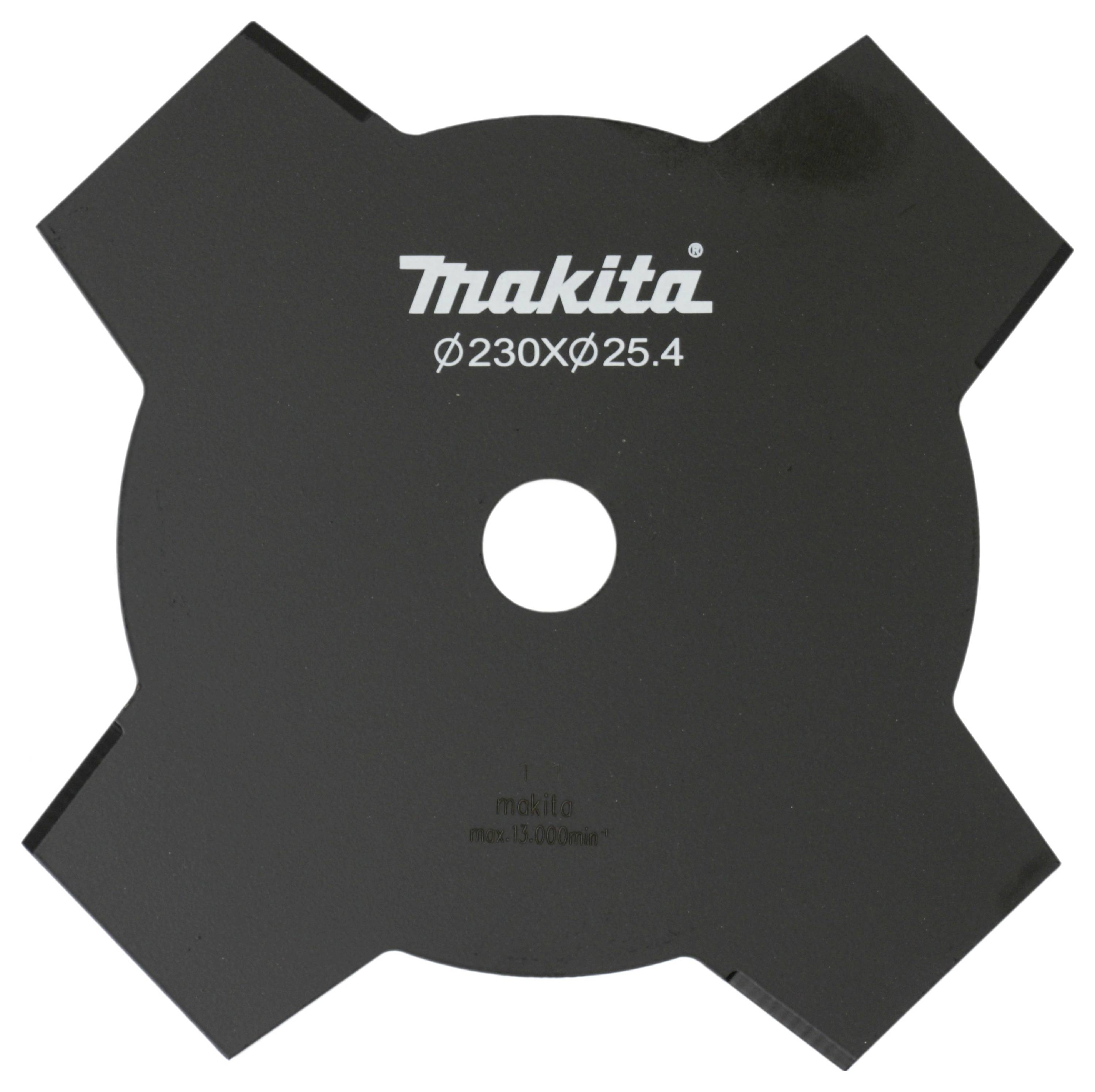 Een zwarte Makita metaalsnijschijf met vier snijkanten en een centraal gat. Hij is gelabeld als '230x25,4', geschikt voor specifieke gereedschappen.