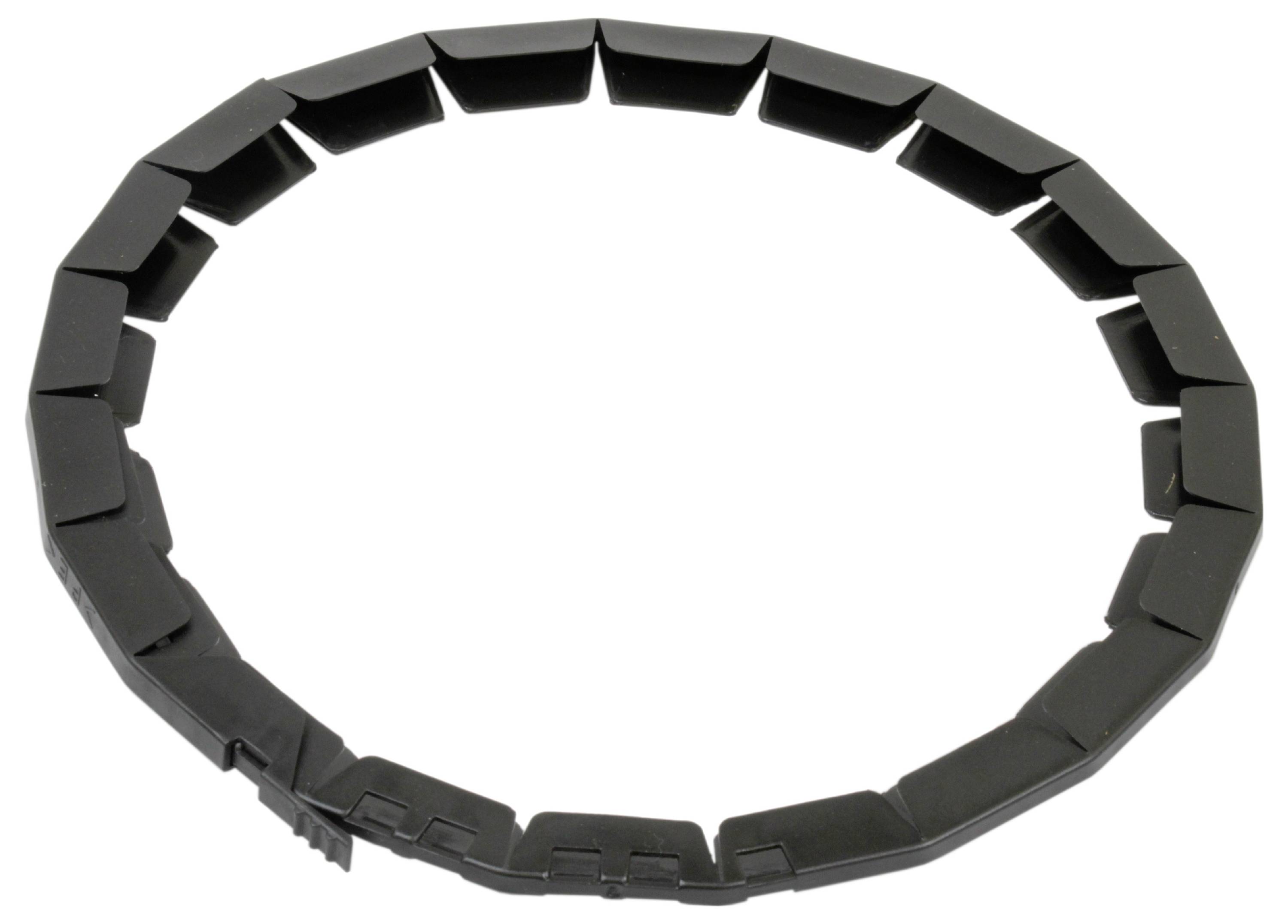 Een zwarte, circulaire, gesegmenteerde kunststof ring met rechthoekige tabs gelijkmatig verdeeld rond zijn omtrek, waarschijnlijk een onderdeel of afdichtingscomponent.
