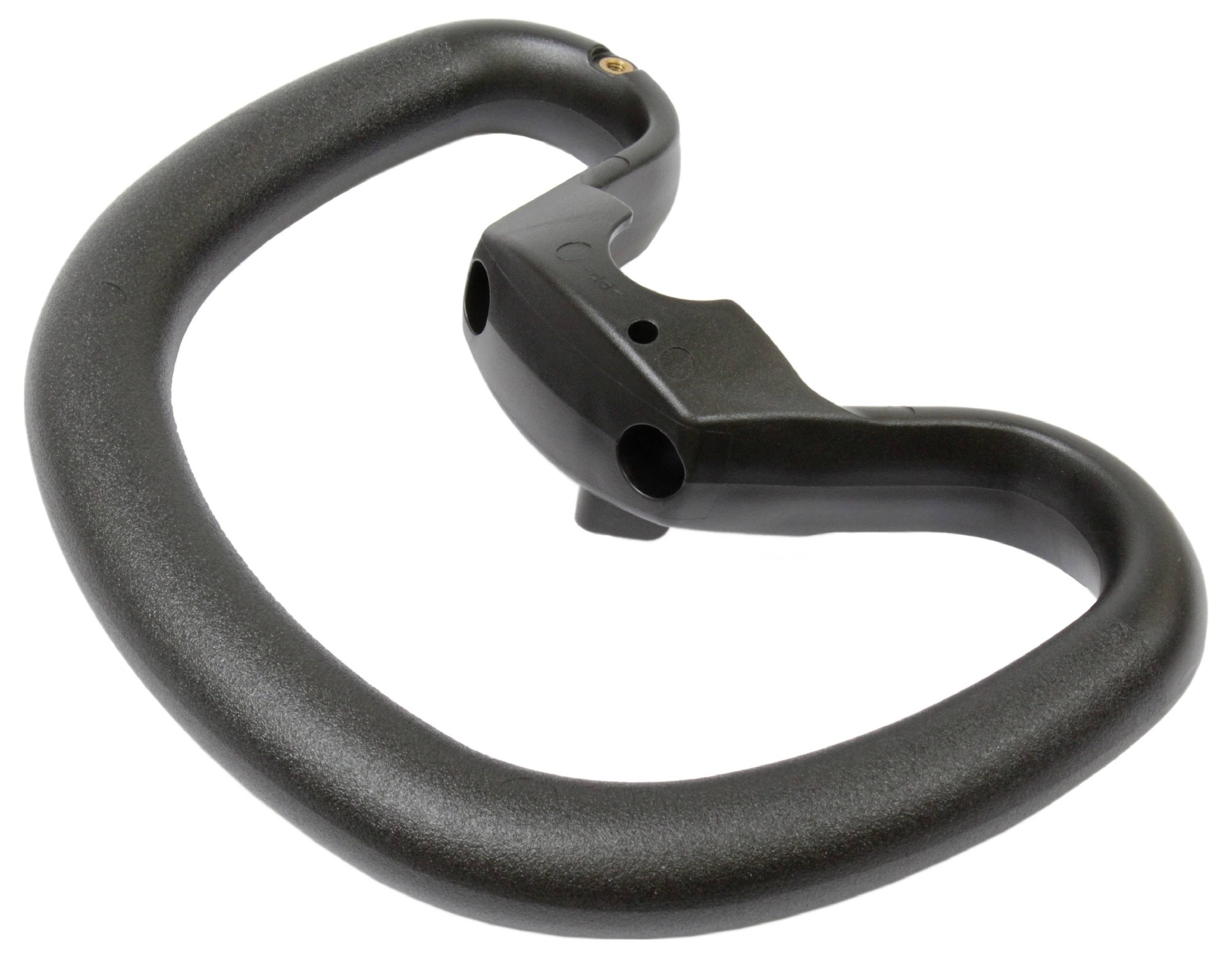 Een zwarte, ergonomisch ontworpen handgreep, waarschijnlijk voor een gereedschap of apparaat, heeft een gevormde greep voor comfortabel gebruik.